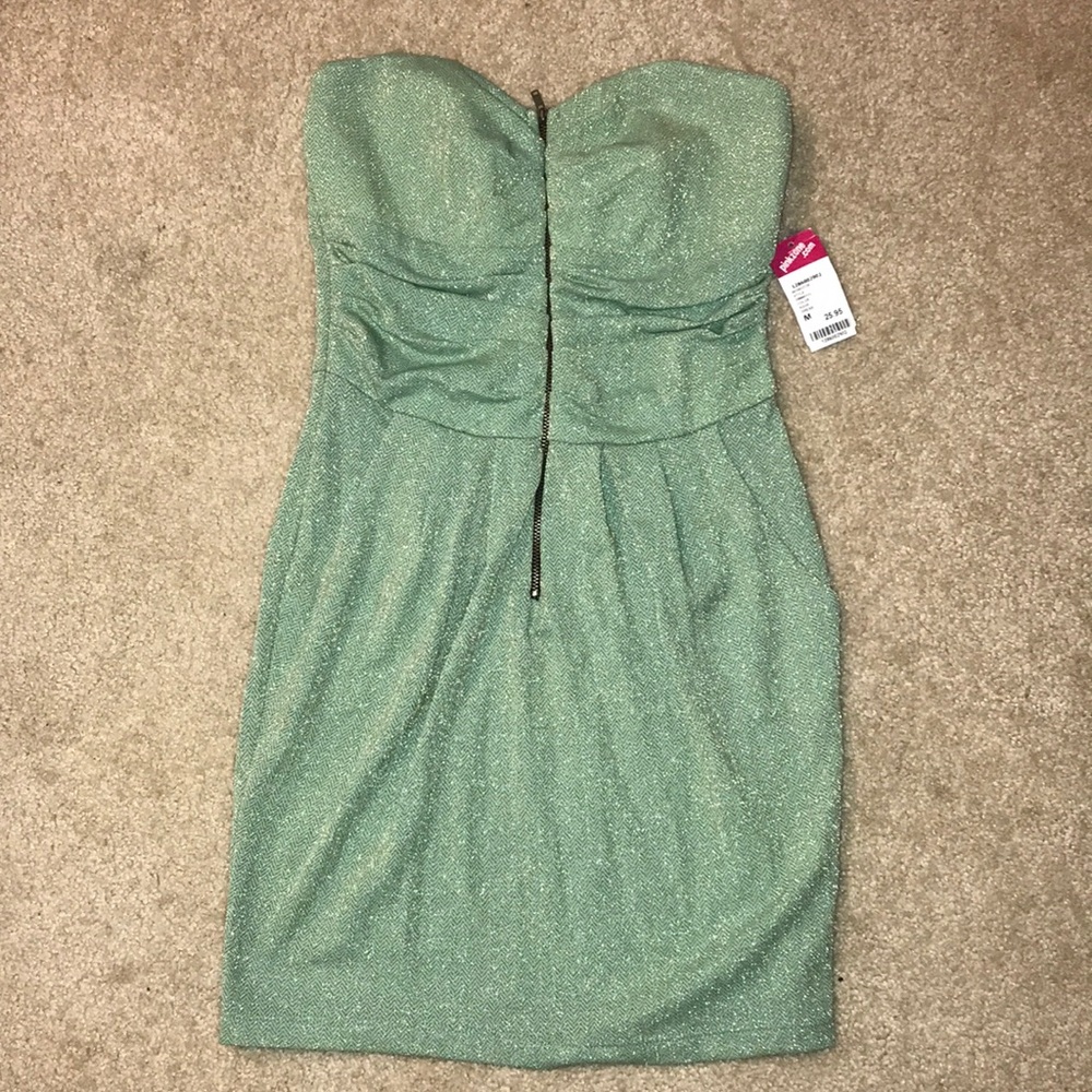 Strapless mini dress in Aqua with Gold patterns